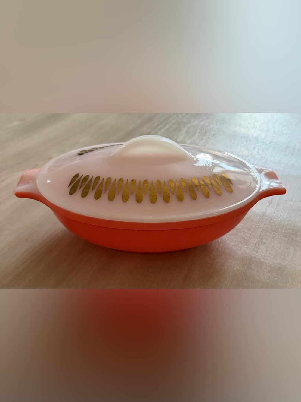 Glasbake MCM Gold Rain Casserole With Lid Salmon Orange
